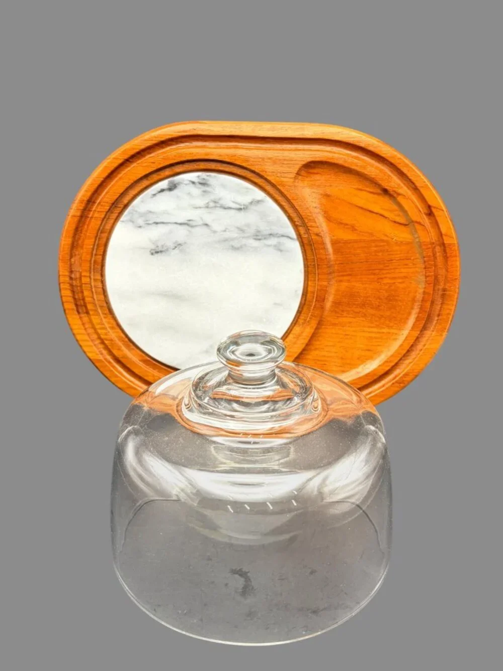 Vintage Teak Wood Cheese Board Glass Dome Marble Insert Serving Tray MCM